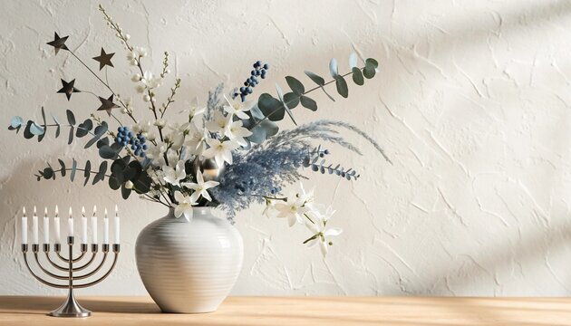 Hanukkah menorah and flowers in a vase