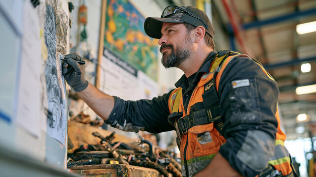 A ropemaker rigger brainstorms load bearing solutions on a whiteboard in an industrial warehouse, a cluttered workbench of splicing tools behind, the wide establishing shot capturing a learning path