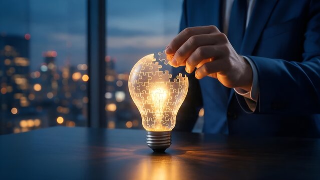 Businessman assembling glowing puzzle light bulb representing creative innovative business ideas strategy and problem solving inside modern corporate office interior background photography