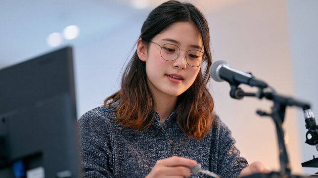 A teen debater managing chronic fatigue carefully cleans the microphone and podium stand before a round, measuring instrument reading checked closely on a monitor, the entire sequence unfolding agai