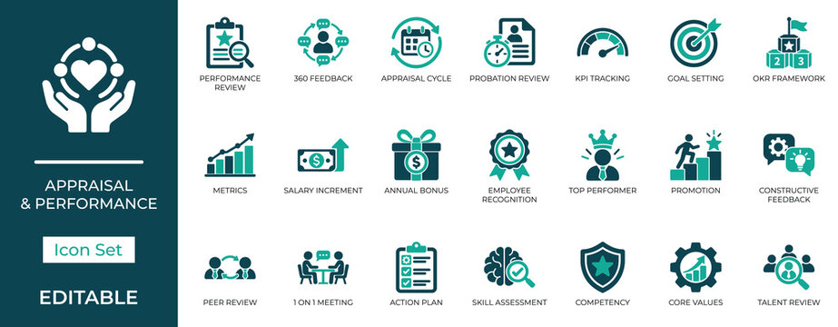 Appraisal and performance solid icon set featuring 360 feedback, kpi tracking, okr framework, salary increment, and skill assessment symbols. Vector icons for hr and corporate management.