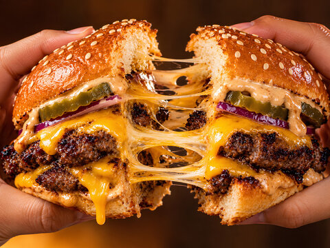 Cheese Pull Double Smash Burger Held in Hands Close Up