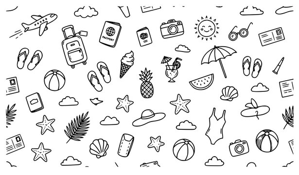 Cute Summer Vacation Travel Doodle Seamless Pattern Black Outline Vector