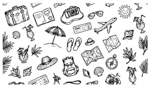 Hand Drawn Summer Travel Seamless Pattern Vacation Doodle Vector Illustration