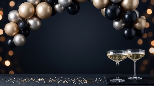 Elegant celebration background with champagne glasses and luxury balloon arch.