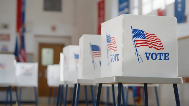 White voting booths featuring printed American flags and bold blue text arranged in a row inside a brightly lit gymnasium during national election day