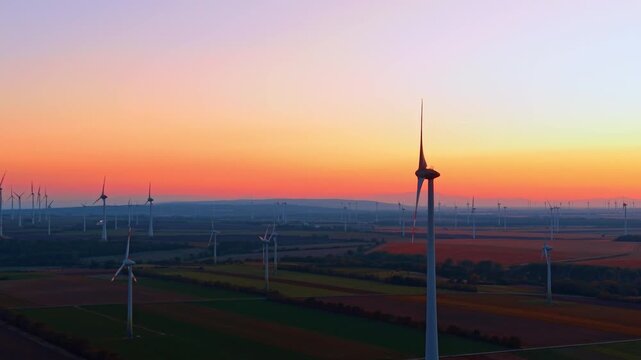 Wind turbine, aerial view above rural fields and distant power infrastructure. A white tower with red markings stands on the right beneath an orange and pink evening sky.