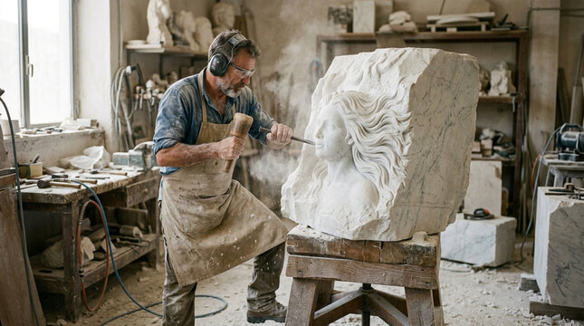 Professional Sculptor Carving Woman's Face from Large Marble Block in Workshop