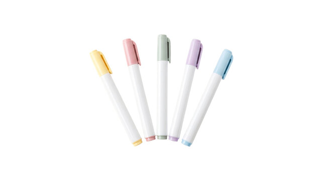 Five white marker pens with pastel caps in a fan arrangement