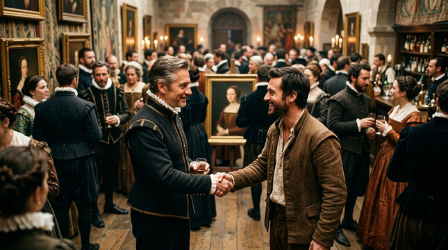 Two Noblemen Shaking Hands at a Renaissance Banquet in a Grand Hall with Historical Period Costumes