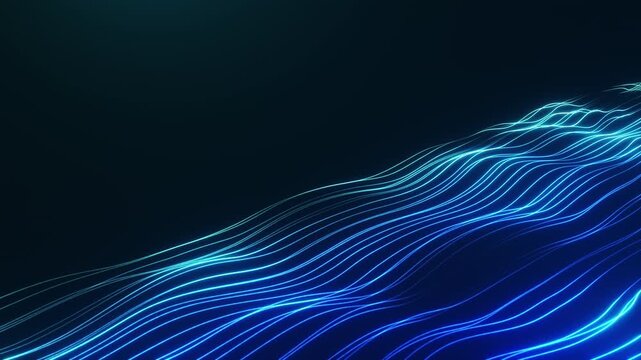 Flowing blue neon lines form a digital wave landscape with copy space. Looped 4K background with cyan highlights.