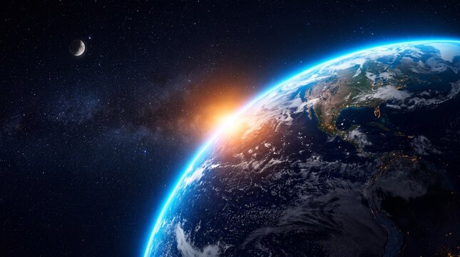 Planet Earth with Sunrise in Outer Space and Moon