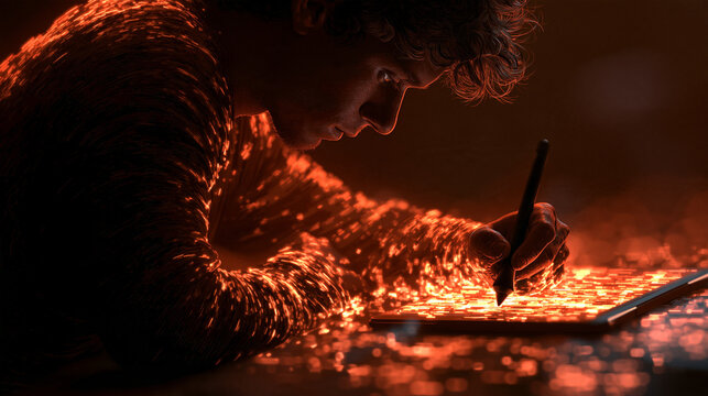 Digital Artist Creating Artwork on Glowing Graphics Tablet