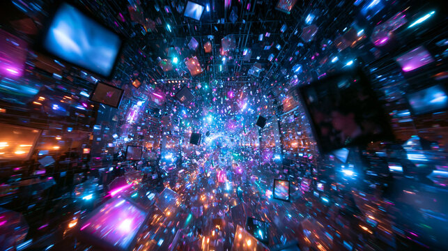 Abstract Digital Metaverse Vortex with Glowing Screens and Neon Lights