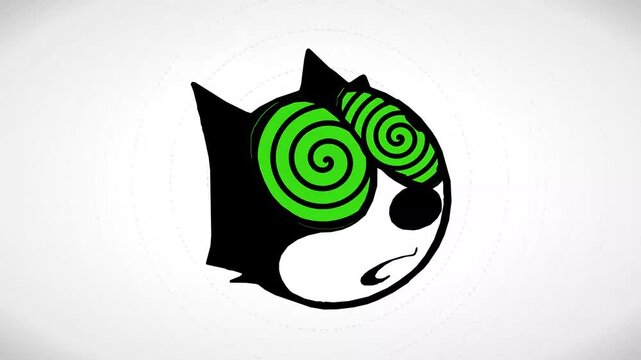 Animated Cartoon Cat Head With Hypnotic Green Spiral Eyes.