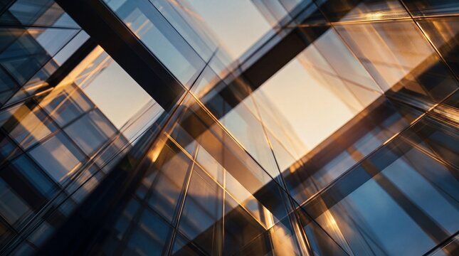 Modern Glass Office Building Facade with Sunset Reflections