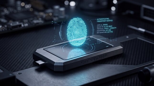 Biometric Hardware Security Key with Glowing Holographic Fingerprint Verification