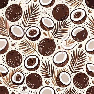 Seamless Pattern with Tropical Coconuts and Palm Leaves