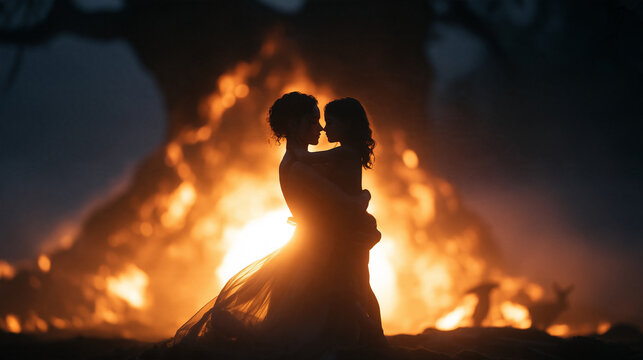 Mother Hugging Child in Silhouette Against Raging Fire