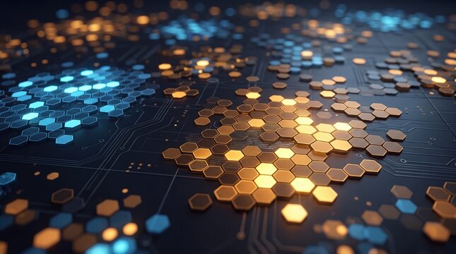 Abstract Technology Circuit Board with Glowing Hexagons