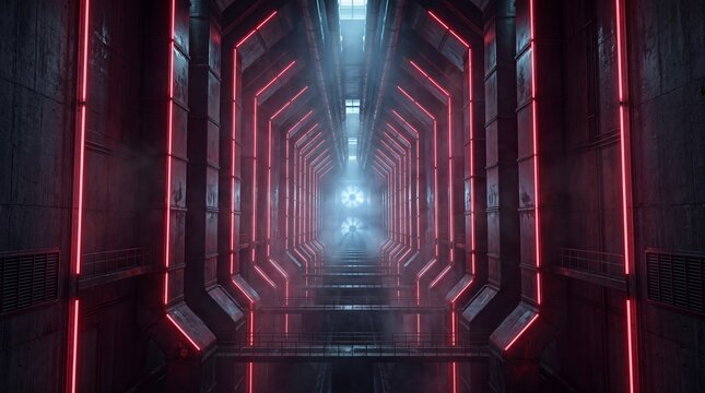 Futuristic Sci-Fi Corridor with Red Neon Lights
