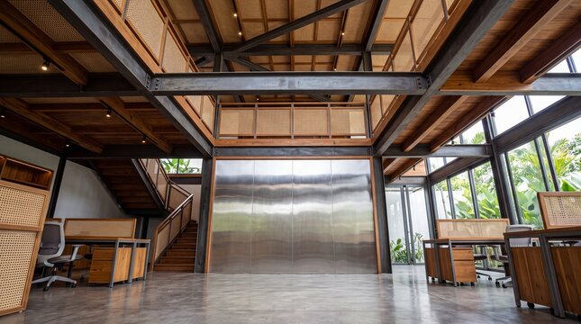 Modern Open Plan Office with Industrial Architecture and Mezzanine