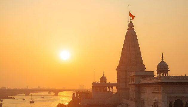 Hindu temple spire silhouette against bright sunrise sky by the river bank with ancient architect Dwarka