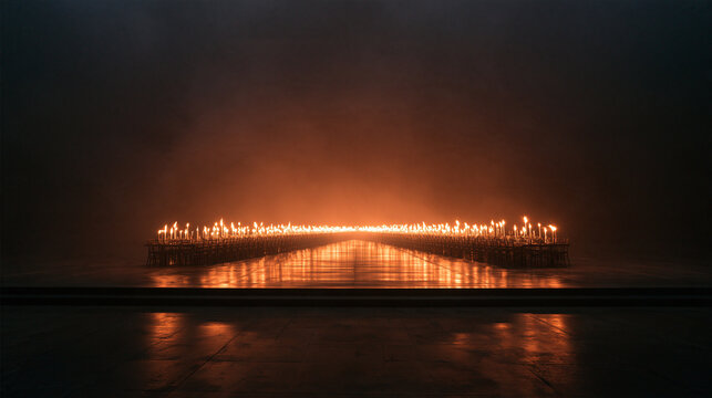 Rows of Burning Candles Glowing in Dark Atmospheric Hall