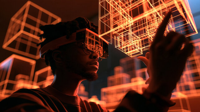 Man Interacting with Holographic 3D Data Using Smart Glasses
