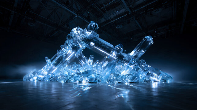 Glowing Ice Crystal Sculpture Installation in Dark Exhibition Space