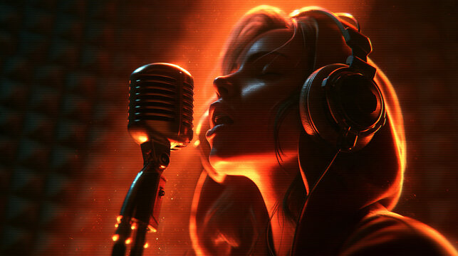 Female Singer Performing at Microphone in Recording Studio