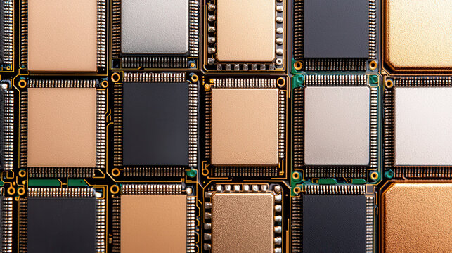 High resolution image of multiple computer processors arranged in grid pattern, showcasing various colors and textures