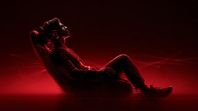 Futuristic Digital Hologram of Man Reclining in Red Light