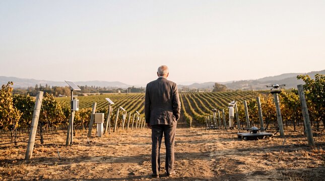 Businessman Overlooking Vineyard with Smart Agricultural Technology