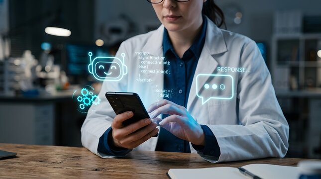 Scientist in white lab coat using a smartphone displaying interactive chat bot and artificial intelligence response holograms.