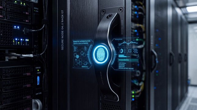 Biometric Fingerprint Scanner on Server Rack in Data Center