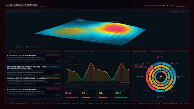 An advanced AI operational alert dashboard showcases hospital capacity risks and workflow disruptions with dynamic visualizations in a dramatic dark mode design.