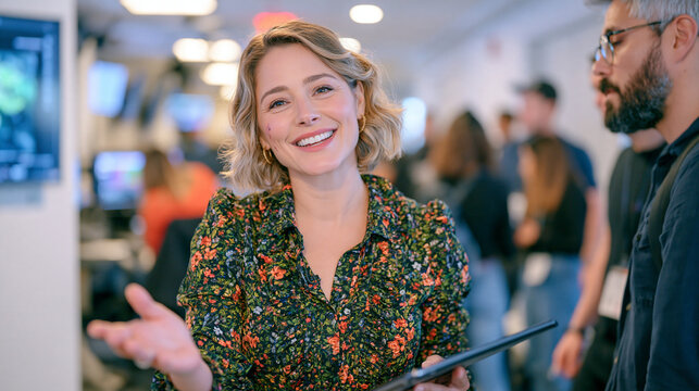 Veteran news anchor explains a microbiome graphic to a producer in a crowded broadcast corridor, a smudge of makeup on one cheek still unnoticed, the elderly presenter gesturing at a tablet with aut