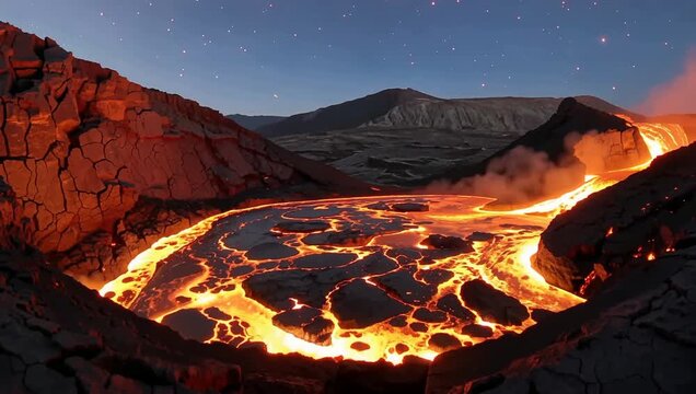 Boiling molten red lava lake inside Mount Nyiragongo caldera DR Congo.