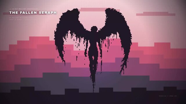 Dark Silhouette of a Fallen Angel with Spreading Wings Against a Pink Sunset Sky.