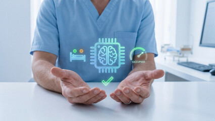 Obraz premium AI hospital bed management and healthcare capacity monitoring concept, doctor showing ai chip with bed occupancy gauge and checkmark for smart hospital, patient flow and medical technology