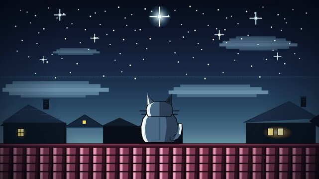 Pixel Art Cat Sitting On A Fence Under A Starry Night Sky.