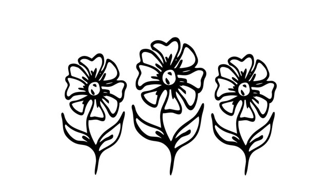 Hand-drawn flower sketch, minimalist black and white floral line art, three simple daisy illustrations on white background, botanical doodle for coloring