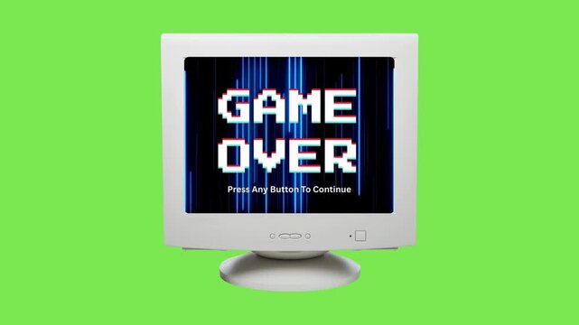 Retro CRT monitor displays 'GAME OVER' screen with digital glitch on a green background, symbolizing vintage video game endings and tech failure