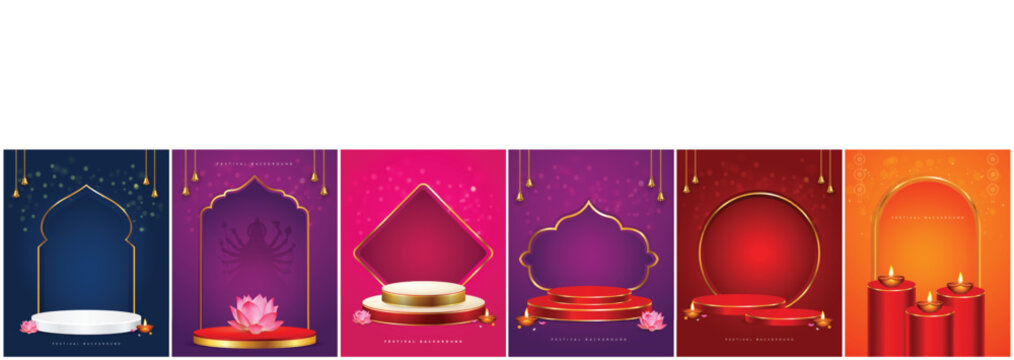 Durga Puja festival backgrounds featuring golden arches, podiums, diyas, lotus flowers, bells, and colorful festive settings.