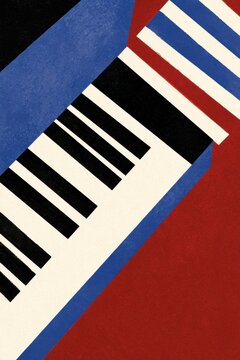 Abstract piano keyboard geometric composition in red blue and cream for music design, poster, pattern and background use