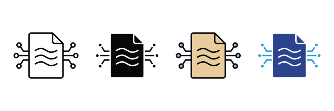 Digital document connectivity icon set with circuit nodes, data transfer, file sharing and technology concept
