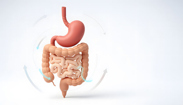 Clean 3D medical illustration of the digestive tract and stomach for healthcare education.