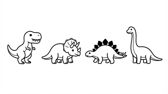 Collection of different cute dinosaurs, clean cartoon vector illustration, pure black and white only, pure white background, no gray, no color