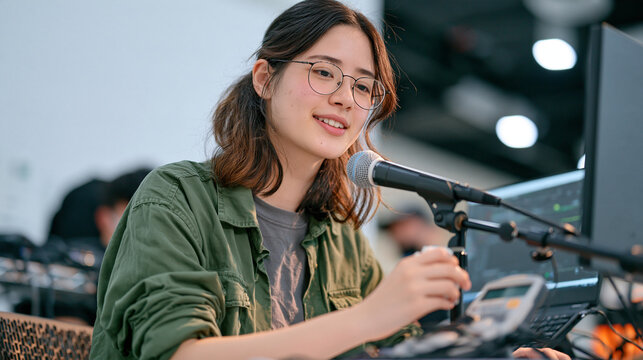 A teen debater managing chronic fatigue carefully cleans the microphone and podium stand before a round, measuring instrument reading checked closely on a monitor, the entire sequence unfolding agai